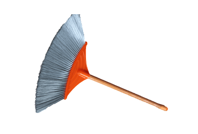 An orange and gray broom with a wooden handle on a white background.