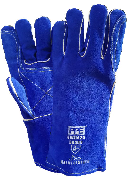 A pair of blue leather welding gloves made by ppe