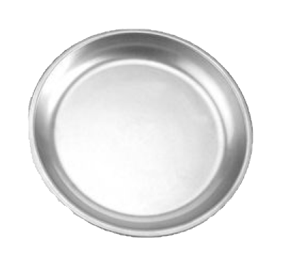 An empty stainless steel plate on a white background