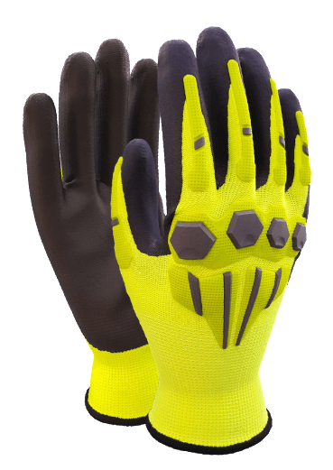 A pair of yellow and black gloves on a white background