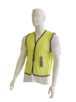 A mannequin wearing a yellow vest and a white shirt