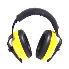 A pair of yellow and black ear muffs on a white background.