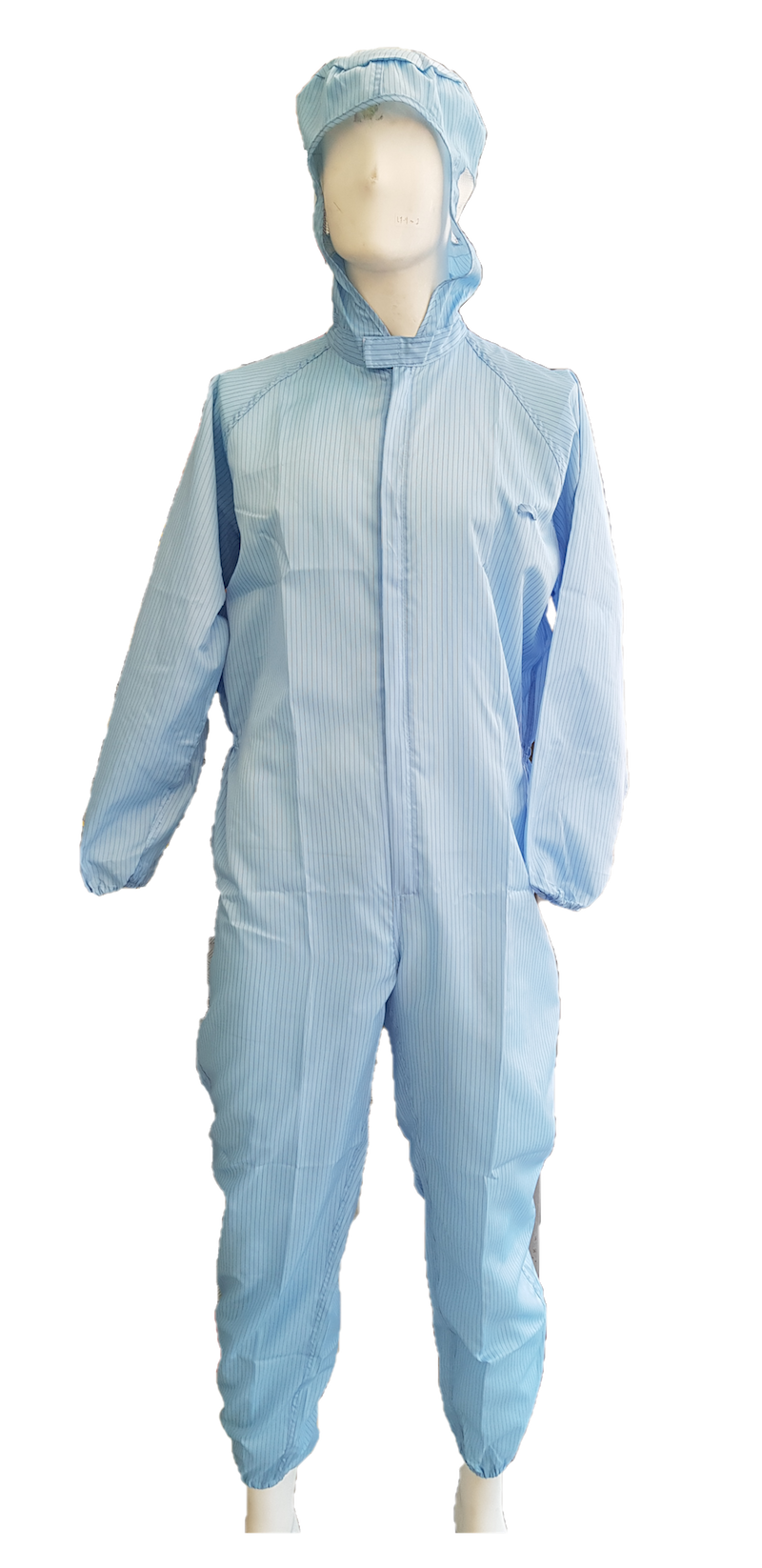 A mannequin wearing a blue striped coverall and a hat.
