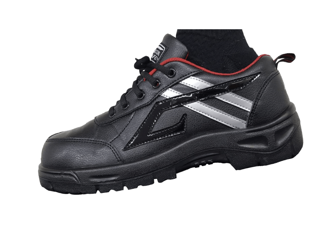 A close up of a person wearing a pair of black shoes