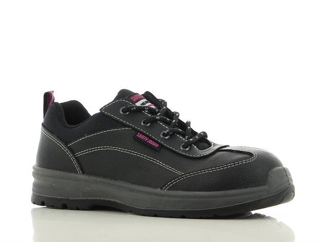 A pair of black and pink safety shoes on a white surface.
