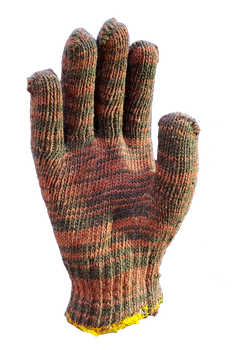 A close up of a knitted glove on a white background.