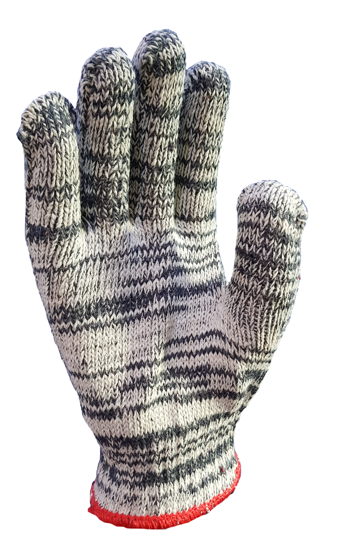 A close up of a knitted glove on a white background.