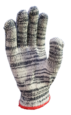 A close up of a knitted glove on a white background.