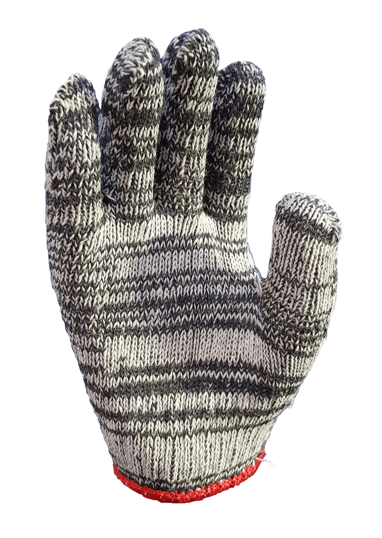 A close up of a knitted glove on a white background.