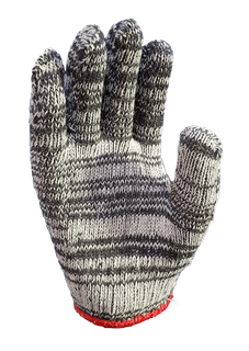 A close up of a knitted glove on a white background.
