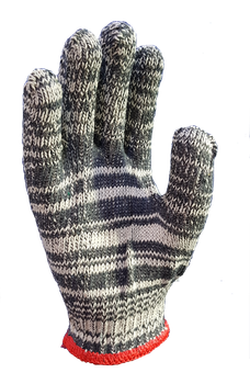 A close up of a knitted glove on a white background.