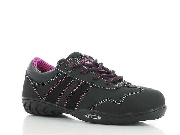 A pair of black and pink safety shoes on a white surface.