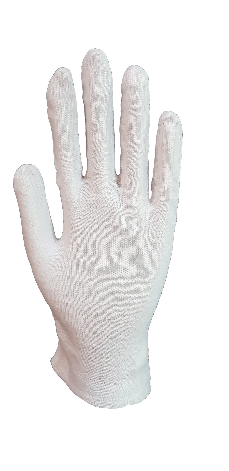 A close up of a white glove on a white background.