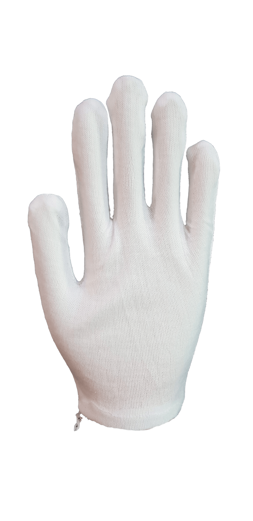 A close up of a white glove on a white background.
