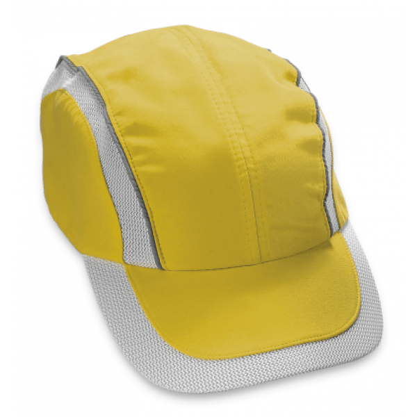 A yellow baseball cap with a white brim