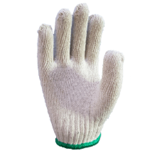 A pair of white knitted gloves with a green rubber band on a white background.