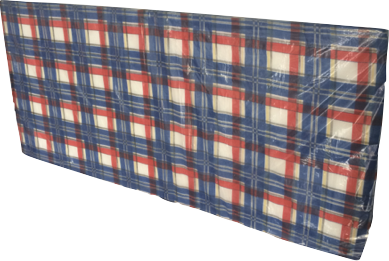 A red , white and blue plaid blanket on a white background