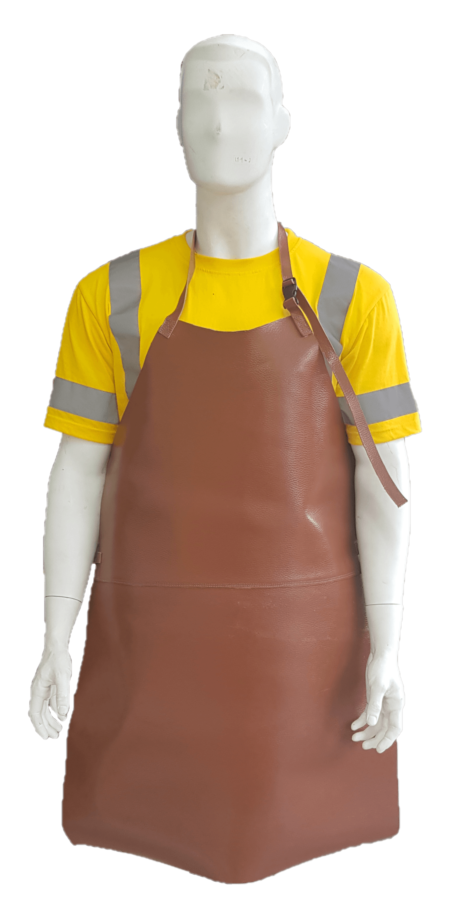 A mannequin wearing a brown apron and a yellow shirt.