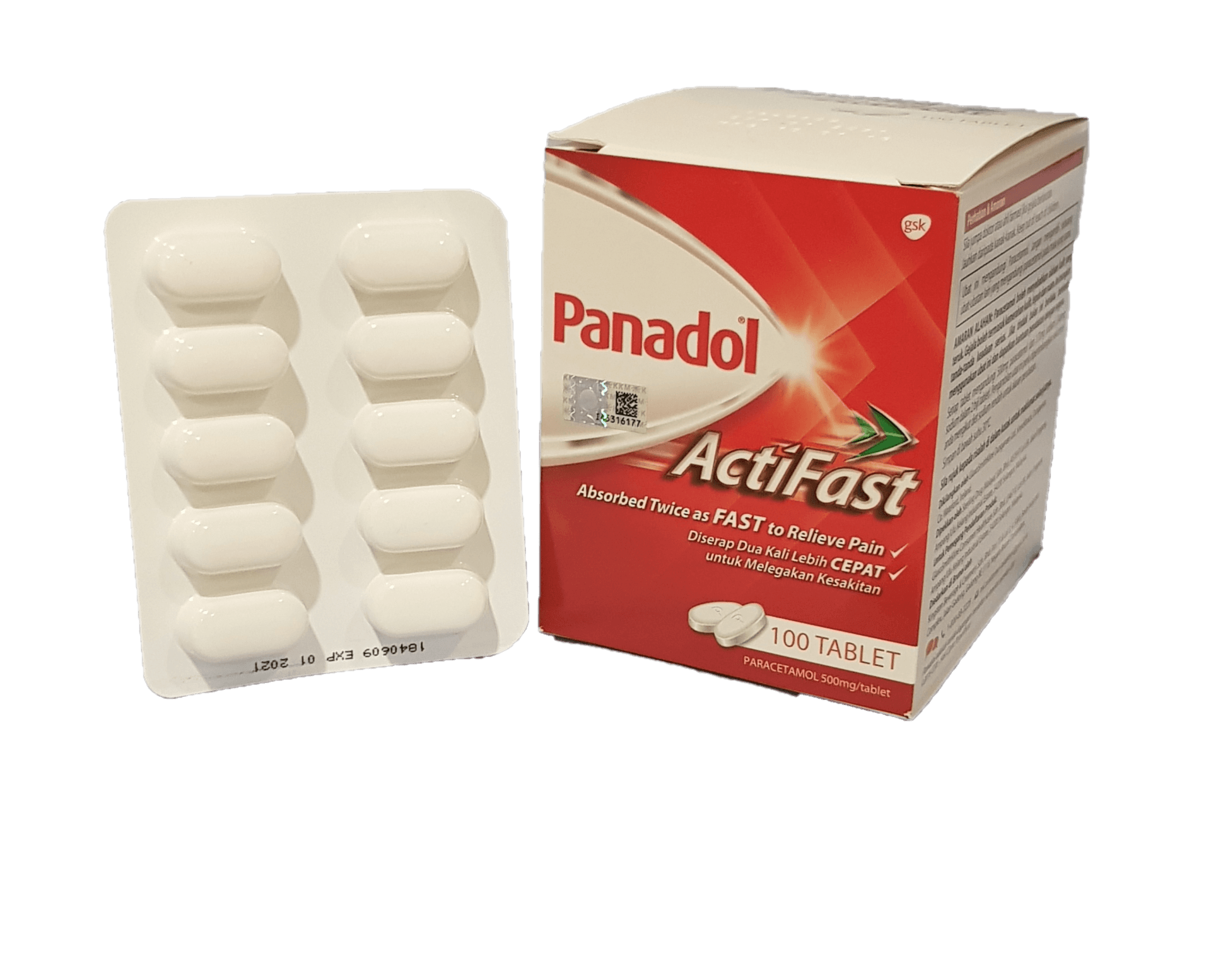 A box of panadol actifast tablets next to a blister pack of tablets.