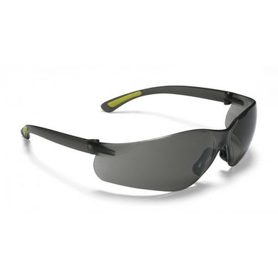 A pair of safety glasses with a gray lens on a white background