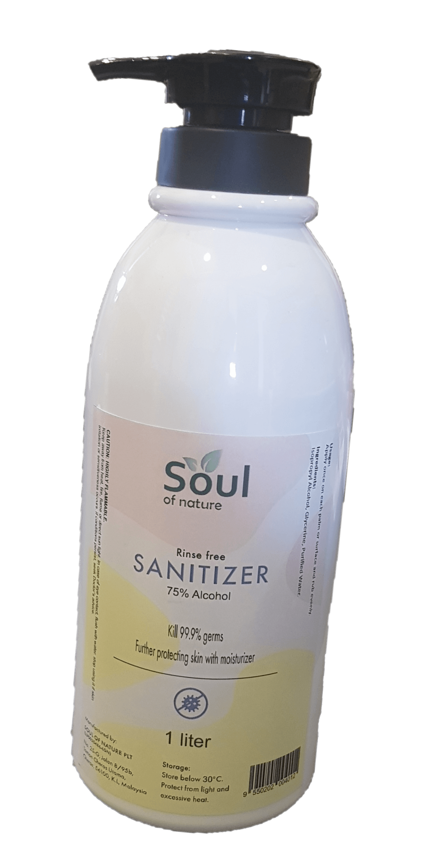 A white bottle of sanitizer with a black pump on a white background.