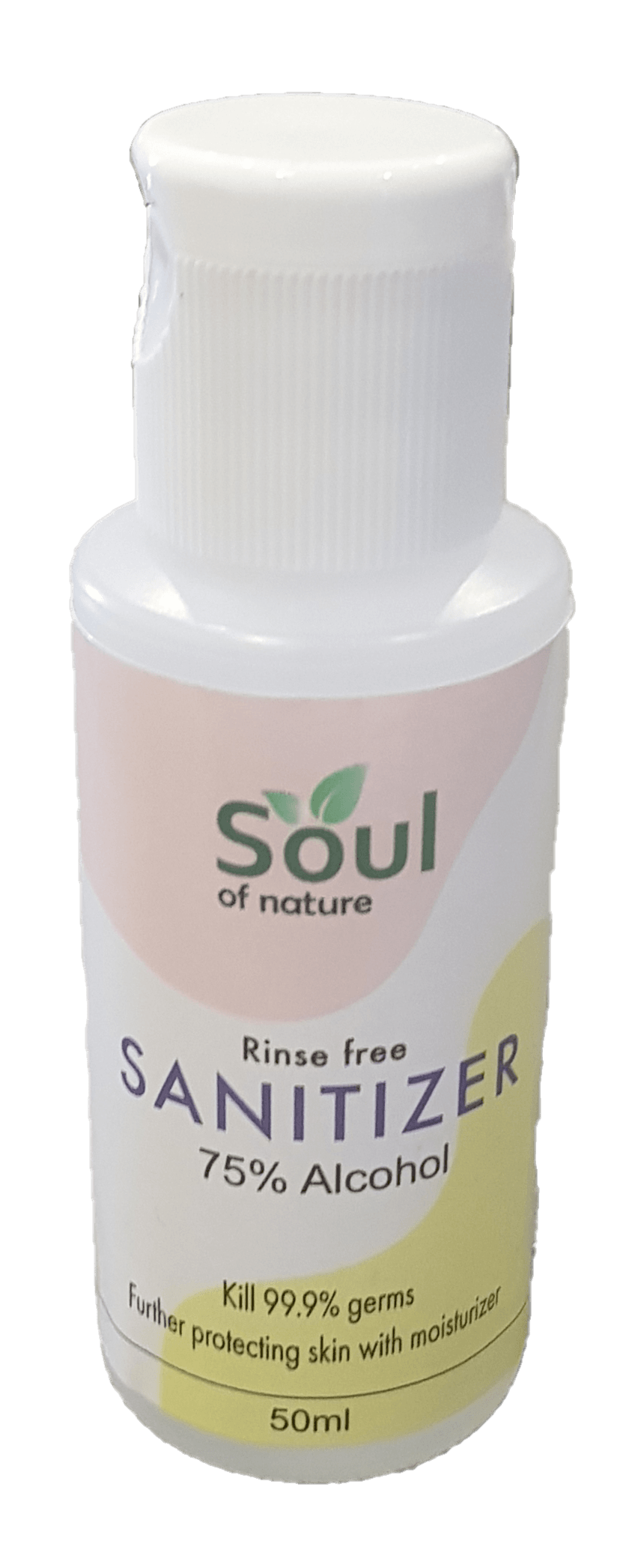 A bottle of soul of nature sanitizer 75 % alcohol