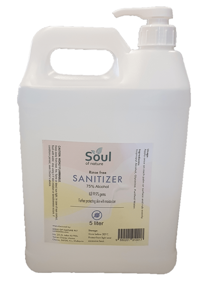 A gallon of hand sanitizer with a pump on a white background.