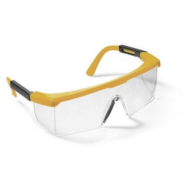 A pair of safety glasses with yellow frames and clear lenses