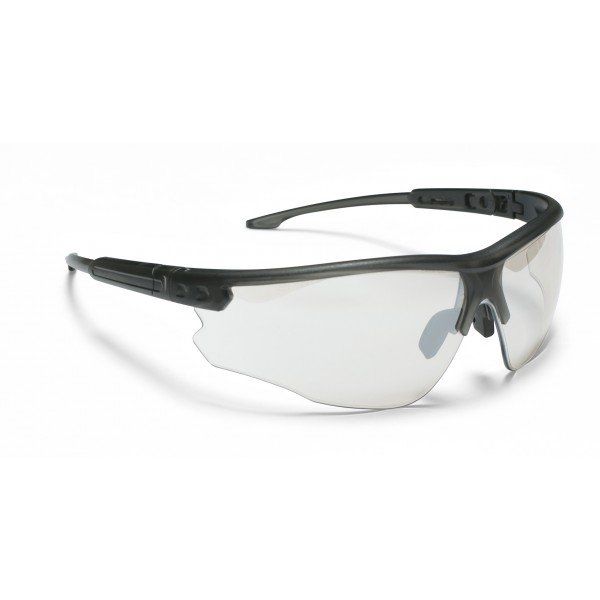 A pair of safety glasses with clear lenses on a white background