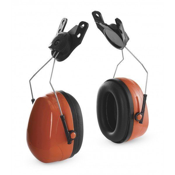 A pair of orange ear protectors attached to a helmet