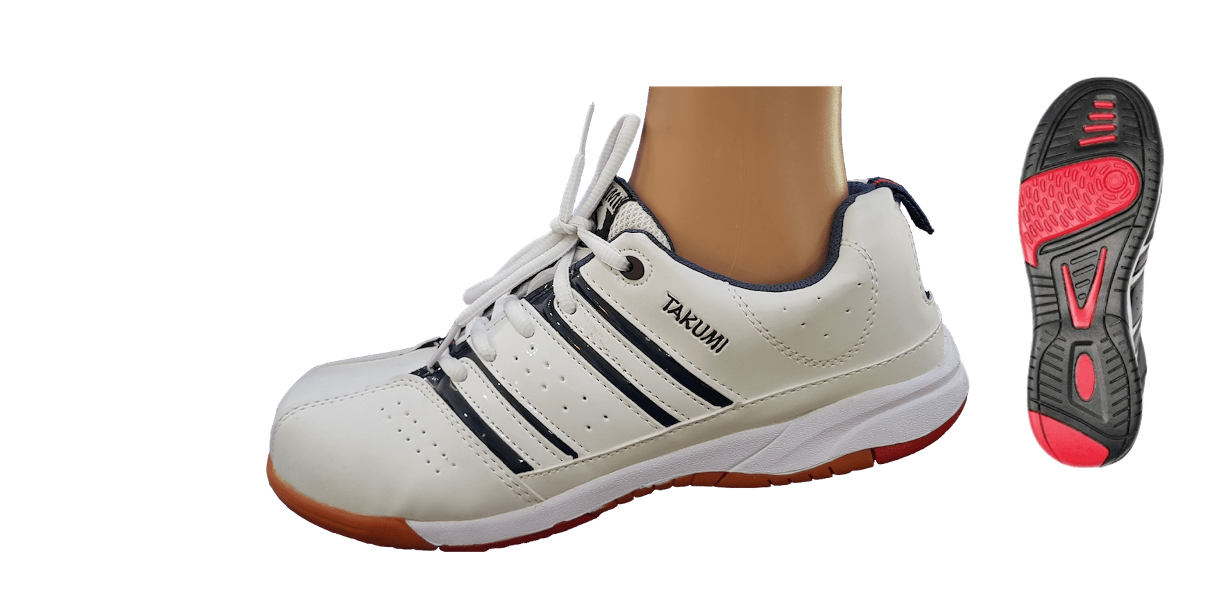 A person is wearing a pair of white tennis shoes.