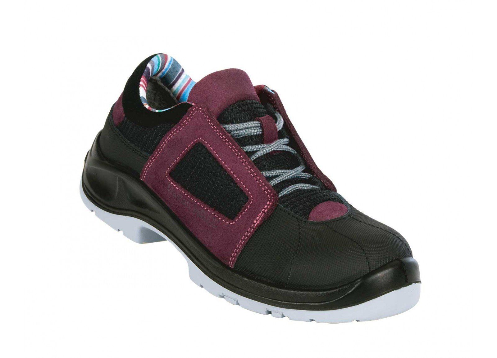 A pair of black and purple safety shoes on a white background