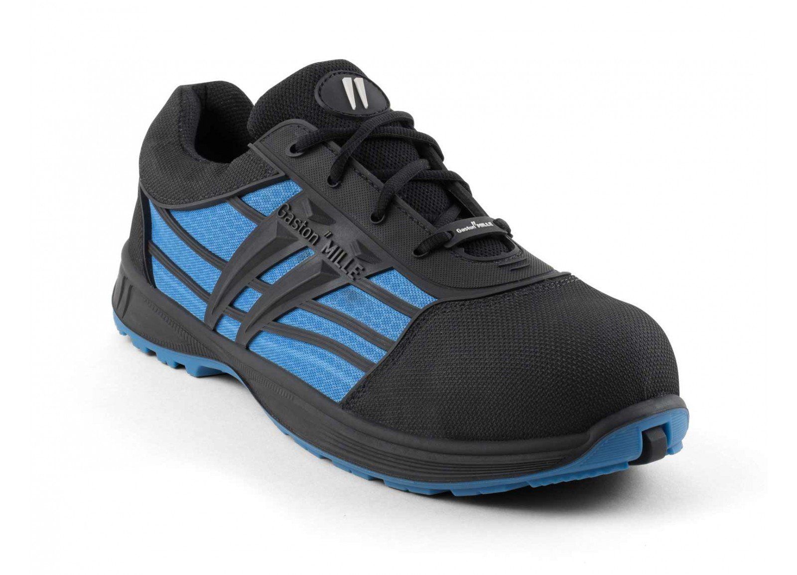 A pair of black and blue safety shoes on a white background