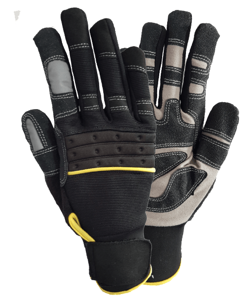 A pair of black and yellow gloves on a white background