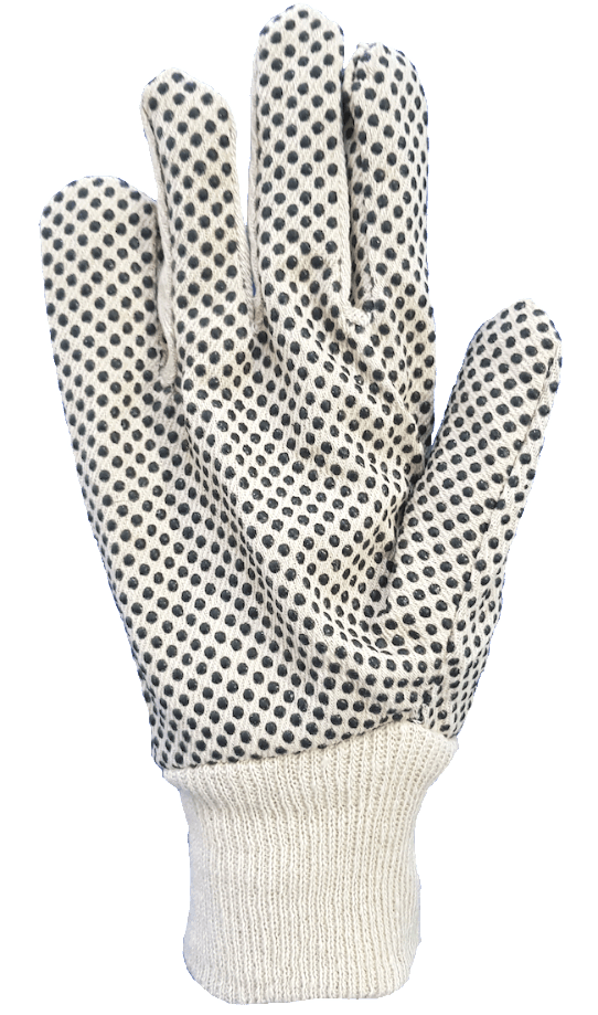 A pair of white and black polka dot gloves on a white background.
