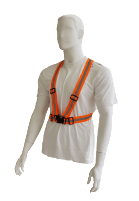 A mannequin wearing a white shirt and an orange reflective vest.