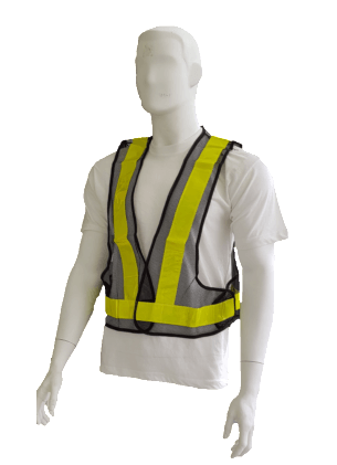 A mannequin is wearing a yellow safety vest