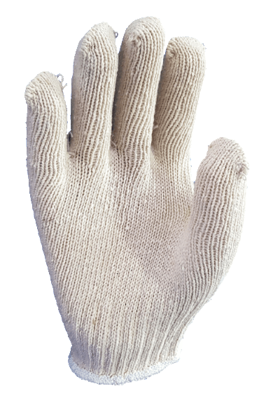 A close up of a white knitted glove on a white background.
