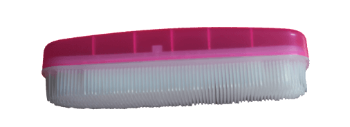 A white brush with a pink handle on a white background.
