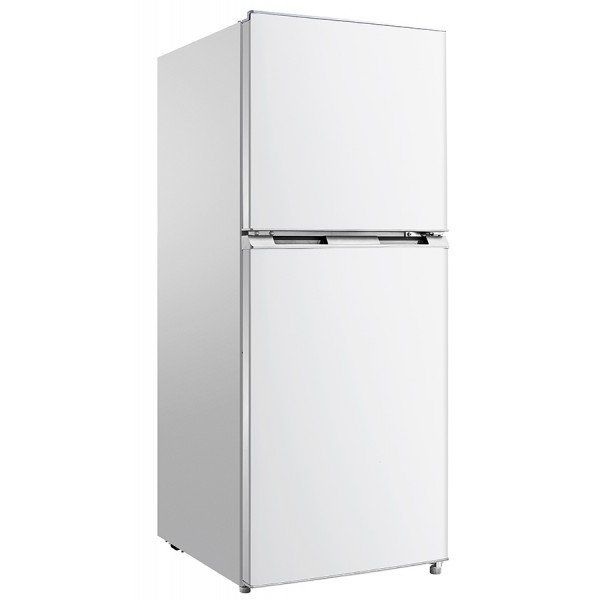 A white refrigerator with two doors on a white background