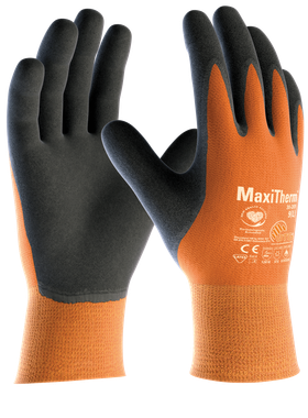 A pair of orange and black safety gloves with the word maxi on them