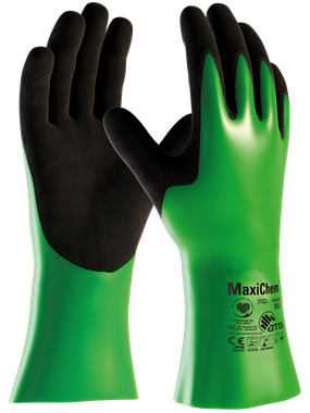 A pair of green and black maxiclean gloves