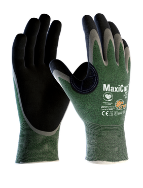 A pair of green and black maxicut gloves on a white background
