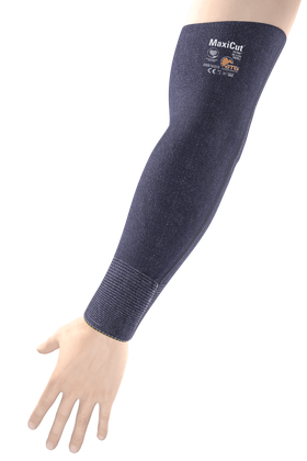 A person 's arm with a blue sleeve on it.