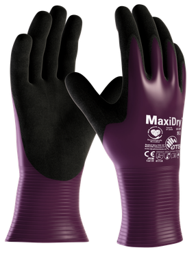 A pair of purple and black maxidry gloves