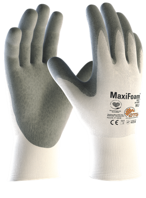A pair of gray and white gloves on a white background.
