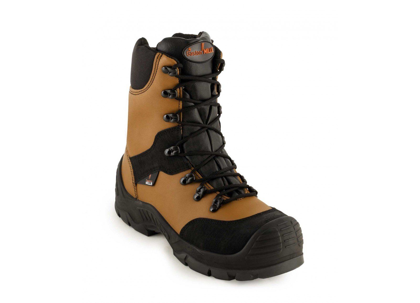 A pair of brown and black boots on a white background