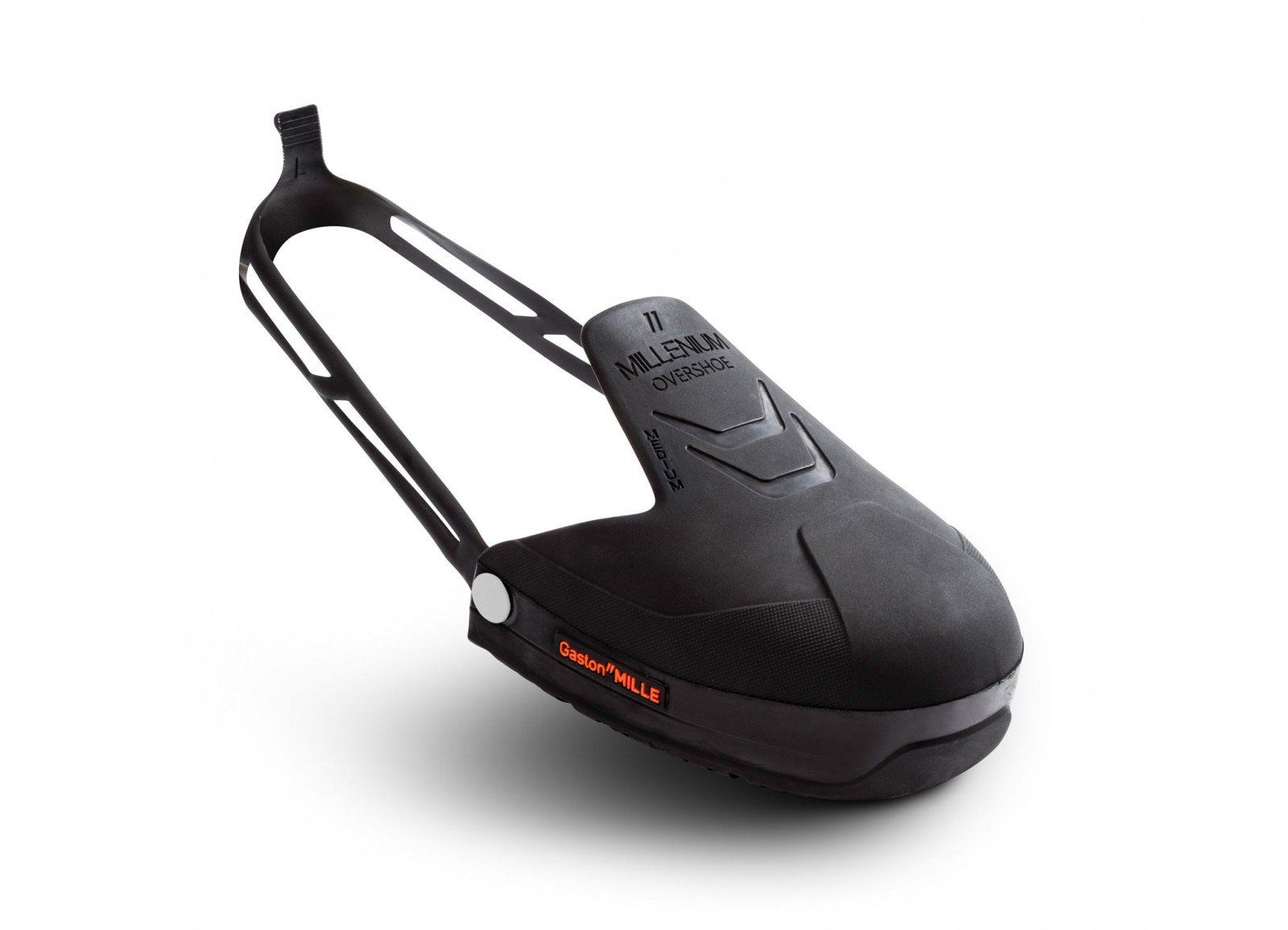 A black shoe cover is sitting on a white surface.