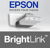 Epson BrightLink projector mounted on a white wall, with the Epson logo and