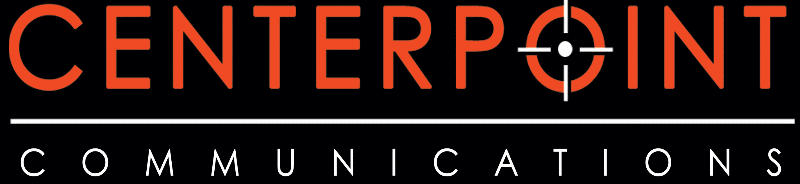 Centerpoint Communications logo: orange text and crosshair over a white line. Black background with white text below.
